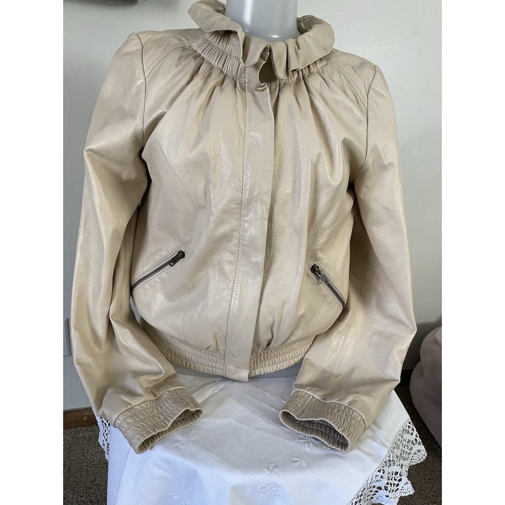 Hinge Cream Leather Ruched Collar Bomber Jacket Women's Medium Moto Princess